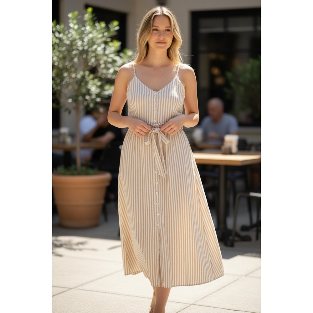 Line + Dot Tan White Striped Button Front Ruffle Midi Dress Small 100% Cotton